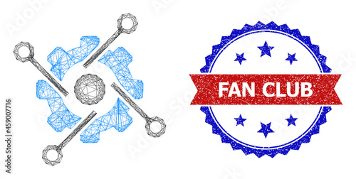Crossing mesh smart development model icon, and bicolor rubber Fan Club stamp. Flat mesh created from smart development icon and crossing lines. Vector seal with unclean bicolored style,