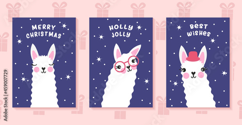 Lama Christmas vector posters. Funny holday greetings. Festive new year postcards.