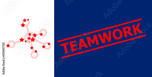 Mesh bitcoin node links polygonal icon vector illustration, and red TEAMWORK dirty watermark. Abstraction is created from bitcoin node links flat icon, with stars and polygonal mesh.