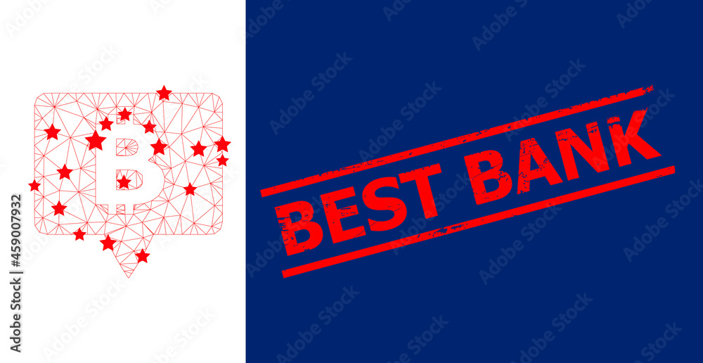Fototapeta premium Mesh bitcoin banner polygonal icon vector illustration, and red BEST BANK dirty rubber print. Model is based on bitcoin banner flat icon, with stars and triangular mesh.