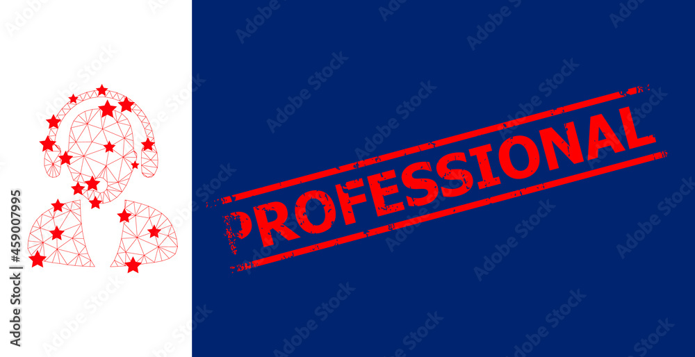 Mesh online operator polygonal icon vector illustration, and red PROFESSIONAL rough rubber print. Carcass model is based on online operator flat icon, with stars and polygonal net. Mesh online operator polygonal icon vector illustration, and red PROFESSIONAL rough rubber print. Carcass model is based on online operator flat icon, with stars and polygonal net.