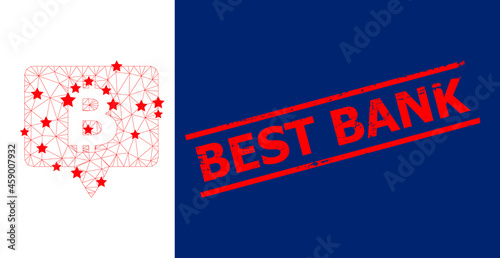 Mesh bitcoin banner polygonal icon vector illustration, and red BEST BANK dirty rubber print. Model is based on bitcoin banner flat icon, with stars and triangular mesh.