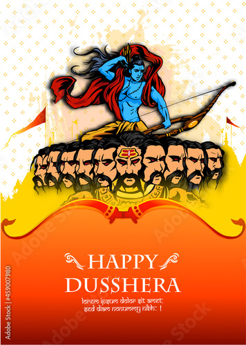 Greeting card of happy dusshera with bow and illustration of Lord Rama killing Ravana in Navratri festival of India happy Vijayadashami . Vector illustration.