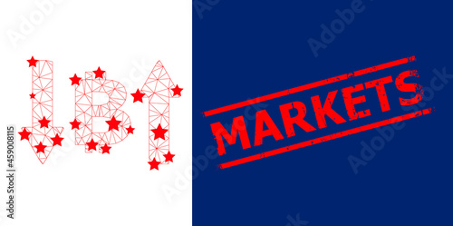 Mesh bitcoin volatility polygonal icon vector illustration, and red MARKETS corroded stamp imitation. Model is based on bitcoin volatility flat icon, with stars and triangle mesh.