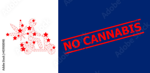 Mesh marijuana motorbike delivery polygonal icon vector illustration, and red NO CANNABIS grunge stamp print. Model is created from marijuana motorbike delivery flat icon,