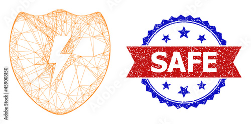 Crossing mesh electric shield model icon, and bicolor dirty Safe seal. Flat carcass created from electric shield symbol and crossing lines. Vector seal with distress bicolored style,