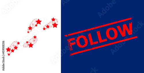 Mesh human footprints trail polygonal icon vector illustration, and red FOLLOW unclean stamp imitation. Carcass model is created from human footprints trail flat icon, with stars and polygonal mesh.
