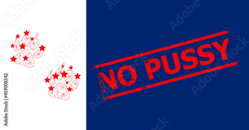 Mesh tiger fingerprints polygonal 2d vector illustration, and red NO PUSSY grunge badge. Carcass model is created from tiger fingerprints flat icon, with stars and polygonal mesh.