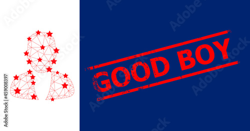 Mesh guy person polygonal icon vector illustration, and red GOOD BOY textured stamp. Carcass model is created from guy person flat icon, with stars and polygonal net.