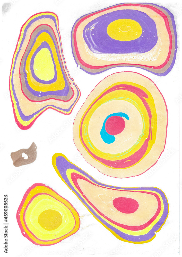 Abstract background with spreading yellow and purple drops. Iridescent curved circles with red spots.