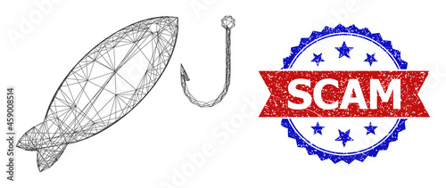 Network fishing carcass icon, and bicolor grunge Scam seal. Flat frame created from fishing icon and crossing lines. Vector watermark with unclean bicolored style,