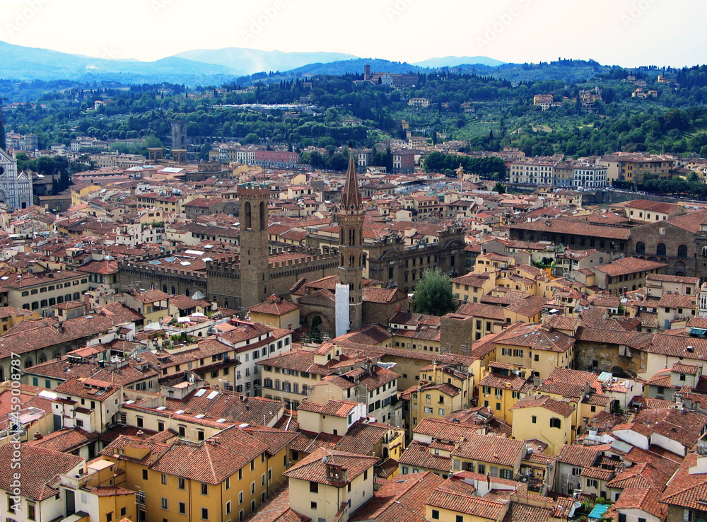 View of Florence skyline: Palazzo Bargello tower and Badia Fiorentina abbey steeple
