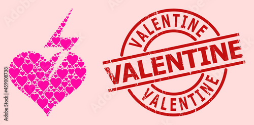 Grunge Valentine stamp seal, and pink love heart pattern for heart strike. Red round stamp seal has Valentine title inside circle. Heart strike mosaic is organized with pink dating symbols.