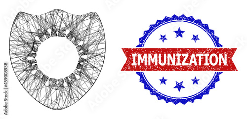 Mesh net antivirus protection framework icon, and bicolor scratched Immunization seal. Flat mesh created from antivirus protection pictogram and crossing lines.