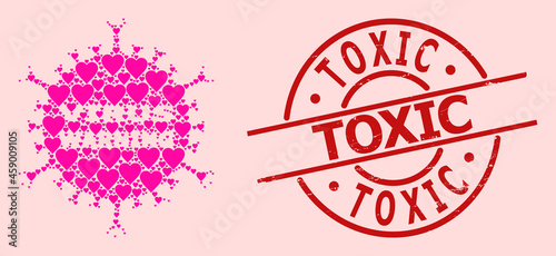 Rubber Toxic stamp seal, and pink love heart collage for danger virus. Red round stamp includes Toxic title inside circle. Danger virus collage is organized with pink valentine icons. © Sergey