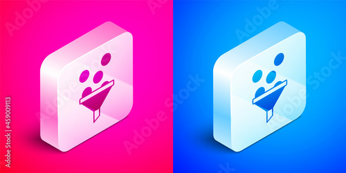 Isometric Lead management icon isolated on pink and blue background. Funnel with money. Target client business concept. Silver square button. Vector