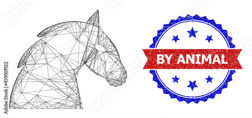 Crossing mesh horse head wireframe icon, and bicolor unclean By Animal watermark. Flat mesh created from horse head icon and intersected lines. Vector watermark with corroded bicolored style,