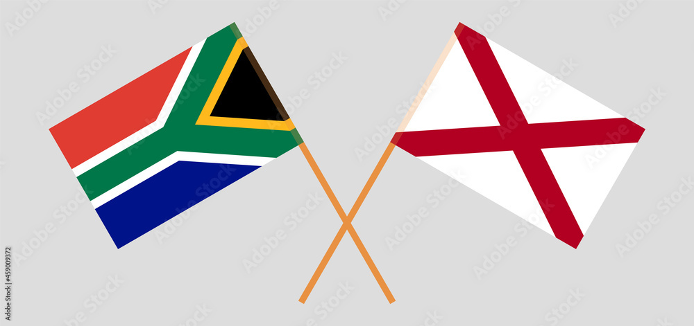 Crossed flags of Republic of South Africa and The State of Alabama. Official colors. Correct proportion Crossed flags of Republic of South Africa and The State of Alabama. Official colors. Correct proportion