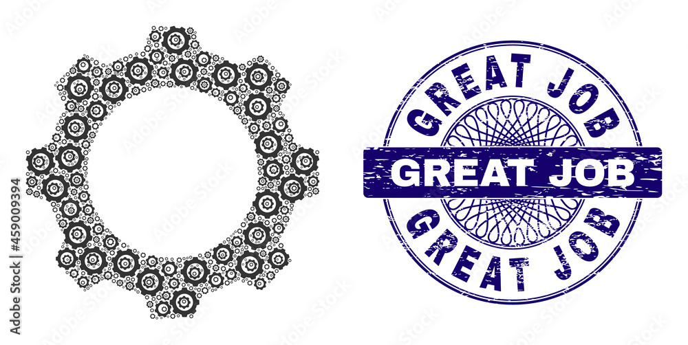 Recursive collage gear and Great Job round corroded stamp seal. Violet stamp seal includes Great Job caption inside circle and guilloche structure. Recursive collage gear and Great Job round corroded stamp seal. Violet stamp seal includes Great Job caption inside circle and guilloche structure.