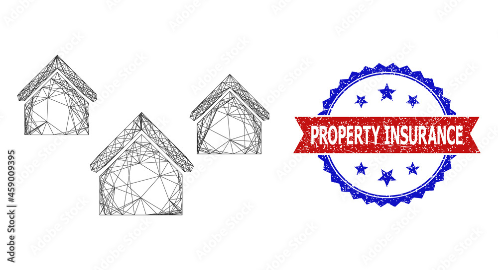 Crossing mesh village houses framework icon, and bicolor scratched Property Insurance watermark. Flat framework created from village houses symbol and intersected lines.