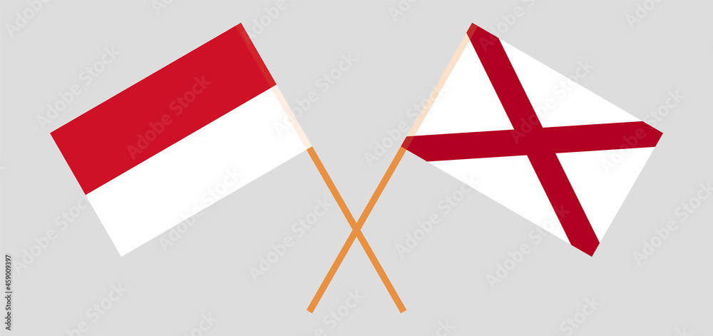 Crossed flags of Indonesia and The State of Alabama. Official colors. Correct proportion Crossed flags of Indonesia and The State of Alabama. Official colors. Correct proportion