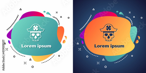 White Pirate captain icon isolated on white and blue background. Abstract banner with liquid shapes. Vector