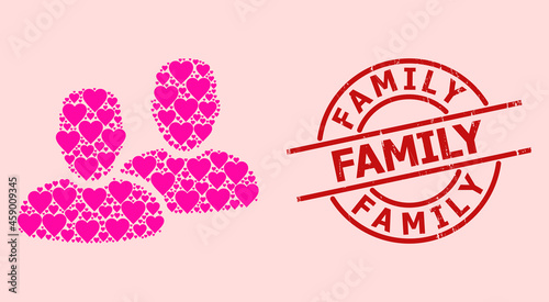 Scratched Family seal, and pink love heart collage for clients. Red round stamp seal includes Family title inside circle. Clients collage is created from pink romantic symbols. © Sergey
