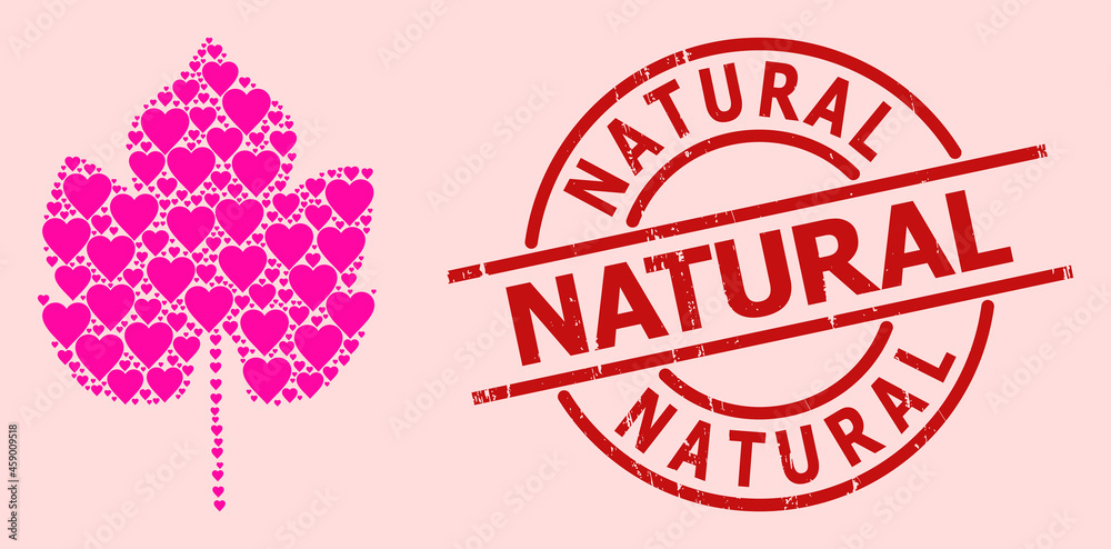 Rubber Natural stamp seal, and pink love heart collage for grapes leaf. Red round stamp seal contains Natural caption inside circle. Grapes leaf collage is designed with pink dating elements. Rubber Natural stamp seal, and pink love heart collage for grapes leaf. Red round stamp seal contains Natural caption inside circle. Grapes leaf collage is designed with pink dating elements.