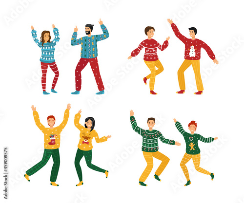Ugly Christmas Sweater Party. Young men and women family dance