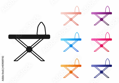 Black Electric iron and ironing board icon isolated on white background. Steam iron. Set icons colorful. Vector