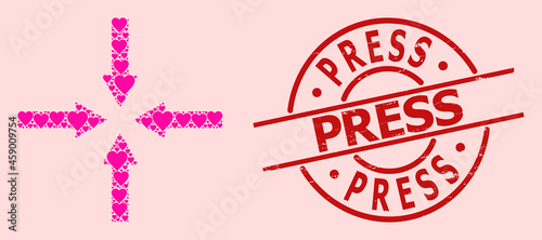 Grunge Press seal, and pink love heart collage for shrink arrows. Red round seal has Press tag inside circle. Shrink arrows collage is composed of pink romantic items.