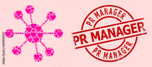 Textured Pr Manager stamp seal, and pink love heart mosaic for node relations. Red round seal contains Pr Manager tag inside circle. Node relations mosaic is designed from pink valentine items.