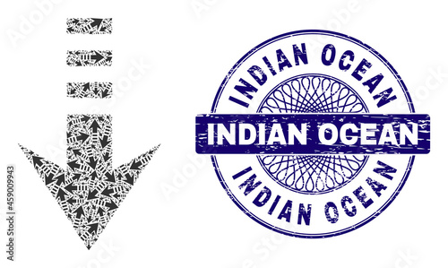 Recursive mosaic send down and Indian Ocean round dirty stamp seal. Violet seal includes Indian Ocean tag inside circle and guilloche pattern.