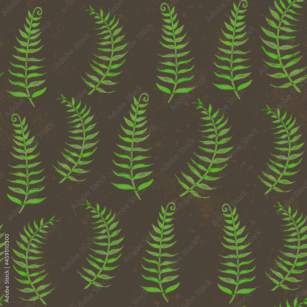 Pattern with watercolor fern on a dark background. Minimalist print.