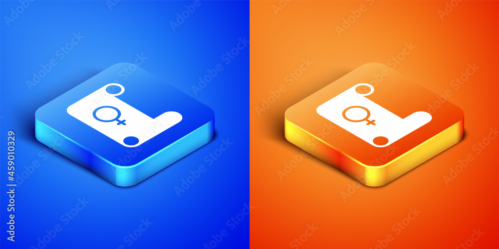 Isometric Feminism icon isolated on blue and orange background. Fight for freedom, independence, equality. Square button. Vector Isometric Feminism icon isolated on blue and orange background. Fight for freedom, independence, equality. Square button. Vector