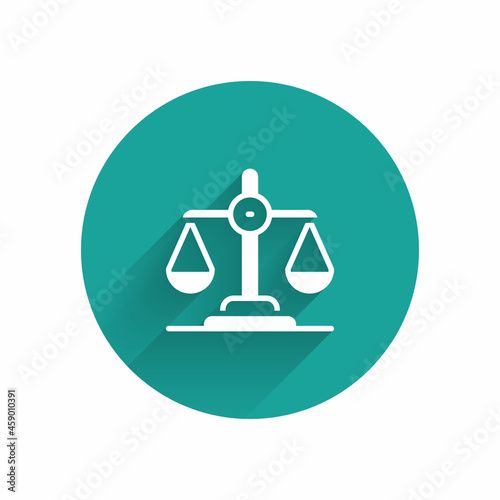 White Gender equality icon isolated with long shadow background. Equal pay and opportunity business concept. Green circle button. Vector