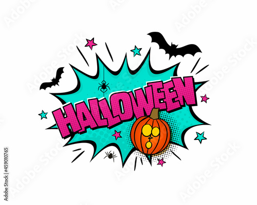 Halloween comic logo. Cartoon explosion with pumpkin, bats, spiders and stars in pop art style. Vector illustration for sticker, badge, poster, banner or party flyer.