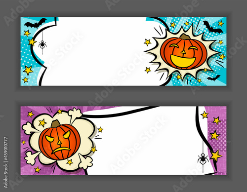 Bright comic banner for Halloween with Pumpkins, stars, bats. Cloud text frame on ray background. Pop art party Template for design, flyers, banners, cards, coupons, posters. Vector illustration