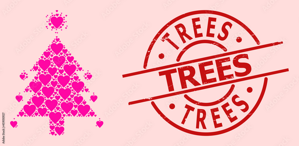 Scratched Trees seal, and pink love heart pattern for coronavirus fir-tree. Red round stamp seal has Trees caption inside circle. Coronavirus fir-tree collage is done from pink amour symbols.