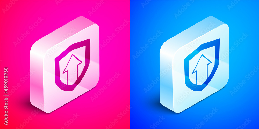 Isometric Financial growth increase icon isolated on pink and blue background. Increasing revenue. Silver square button. Vector Isometric Financial growth increase icon isolated on pink and blue background. Increasing revenue. Silver square button. Vector