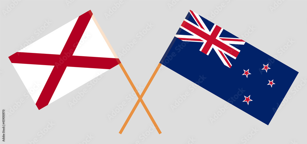 Crossed flags of The State of Alabama and New Zealand. Official colors. Correct proportion Crossed flags of The State of Alabama and New Zealand. Official colors. Correct proportion