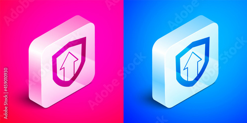 Isometric Financial growth increase icon isolated on pink and blue background. Increasing revenue. Silver square button. Vector