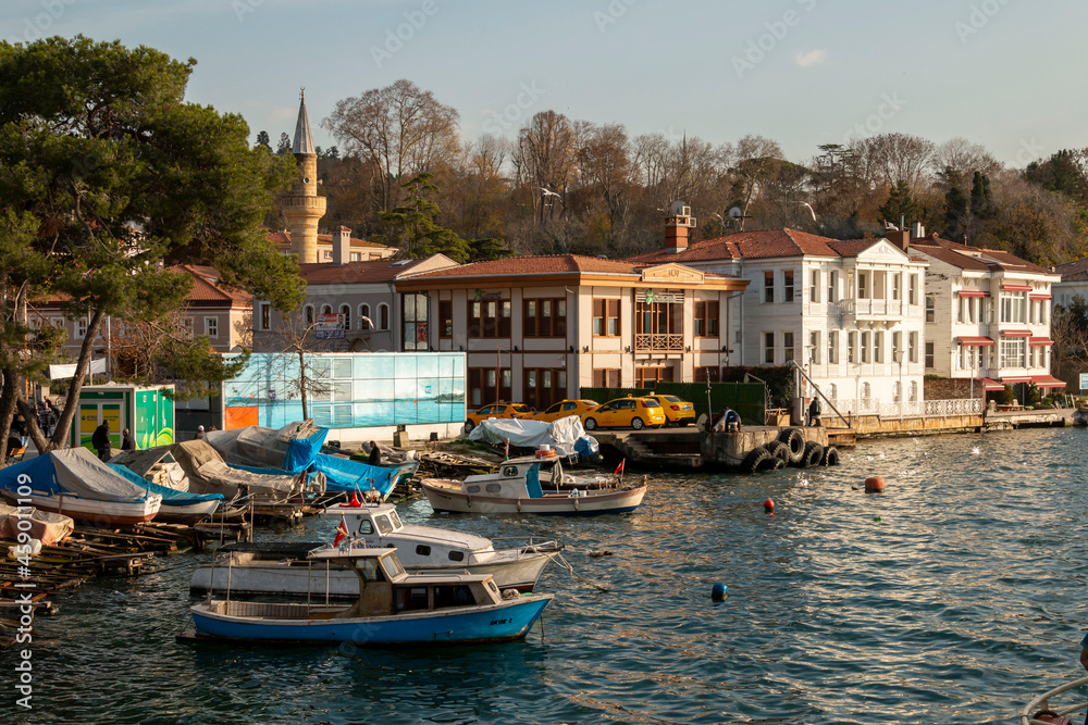 ISTANBUL, Turkey - November 30, 2020: View of historical houses from the beach in Beykoz district of Istanbul