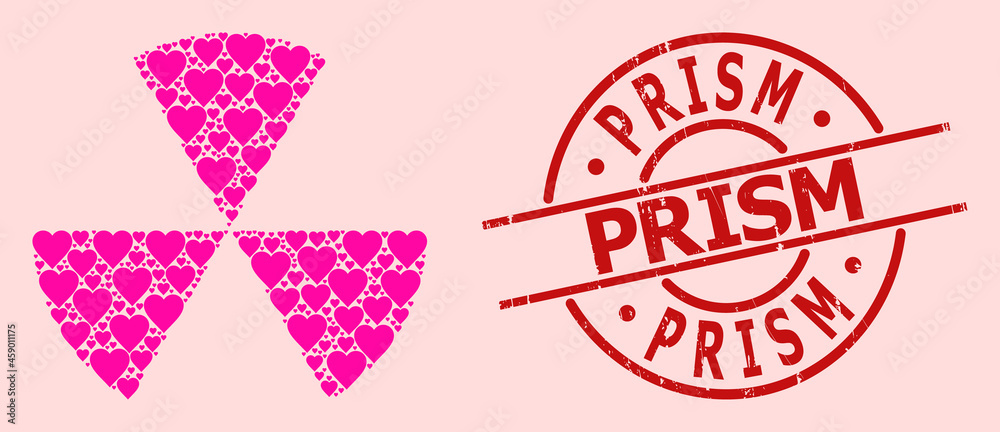 Grunge Prism stamp, and pink love heart mosaic for circle sectors. Red round stamp includes Prism tag inside circle. Circle sectors mosaic is formed from pink romance symbols.