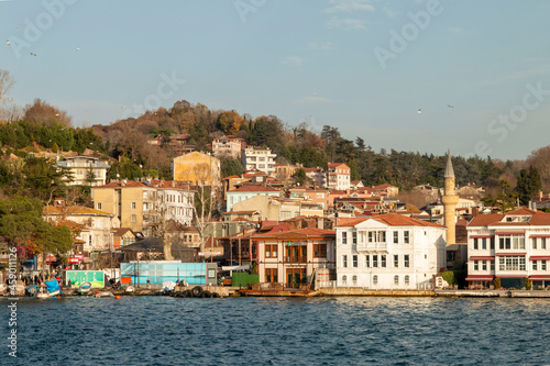 ISTANBUL, Turkey - November 30, 2020: View of historical houses from the beach in Beykoz district of Istanbul