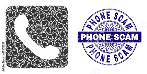 Recursion mosaic phone and Phone Scam round textured stamp seal. Blue stamp includes Phone Scam caption inside circle and guilloche ornament. Vector mosaic is made of randomized rotated phone icons.