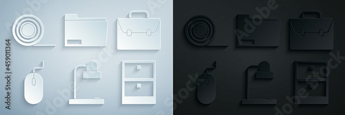 Set Table lamp, Briefcase, Computer mouse, Archive papers drawer, Document folder and Scotch icon. Vector