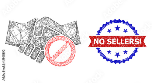 Crossing mesh avoid handshake carcass icon, and bicolor unclean No Sellers! watermark. Flat carcass created from avoid handshake icon and crossed lines. Vector watermark with unclean bicolored style,
