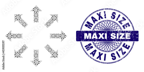 Fractal mosaic expand arrows and Maxi Size round grunge stamp seal. Blue seal includes Maxi Size caption inside circle and guilloche structure.