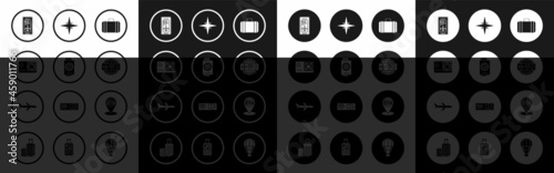Set Suitcase for travel, Passport with ticket, Action extreme camera, Smartphone electronic boarding pass airline, Airline, Wind rose, Map pointer Coliseum Rome, Italy and Plane icon. Vector